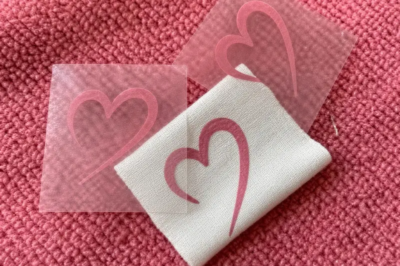 Two heat-transfer film sheets carrying a heart outline, beside a folded white garment with the same mark already pressed into it