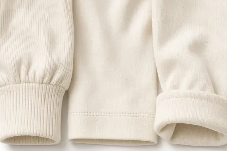 Three cuffs compared in cream knit: a ribbed cuff, a plain hem and a turned-back fold