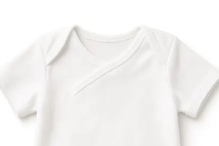 White cotton bodysuit laid flat, the front panel crossed over at the shoulder so the neck opening stays wide