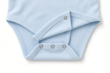 The poppered crotch of a pale blue bodysuit, four snap fastenings holding an open flap