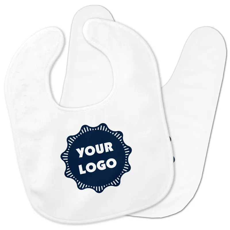 Two white bibs overlapping, the front one carrying a navy badge that reads Your Logo