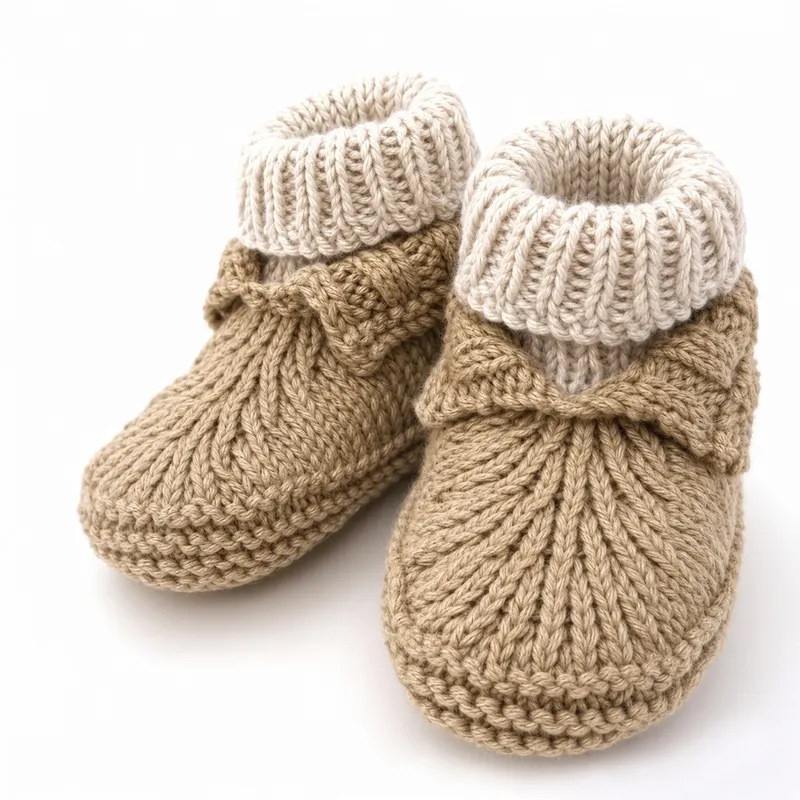 Chunky knitted baby booties in oatmeal and cream, photographed flat on a white ground