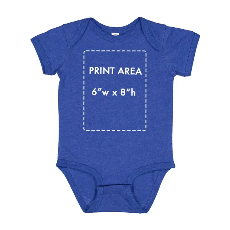 Blue short-sleeved bodysuit laid flat, its chest marked with a dashed print-area box and its measurements