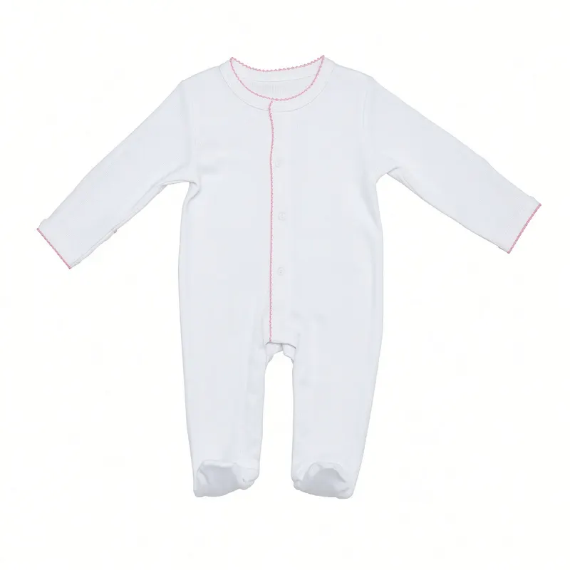Laid flat, a white long-sleeved romper with short legs and a poppered crotch