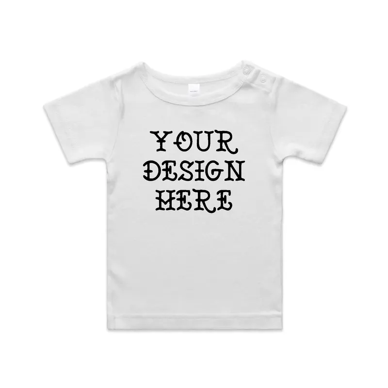 White short-sleeved baby t-shirt, its front printed with the words Your Design Here