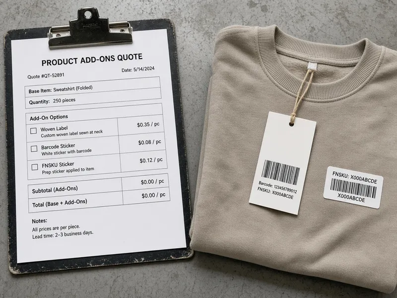 A barcode and FNSKU option ticked as an add-on on the quote form