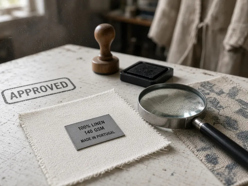 A woven label sample proofed on the fabric before the garment is sealed