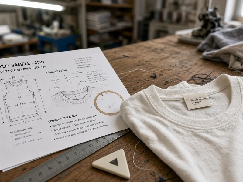 A tech pack note setting the neck label placement, fold and size