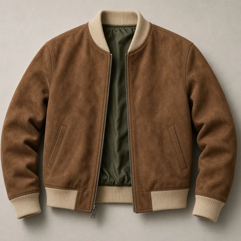 Suede bomber shown flat, its cream rib at collar, cuffs and hem against an olive-green lining