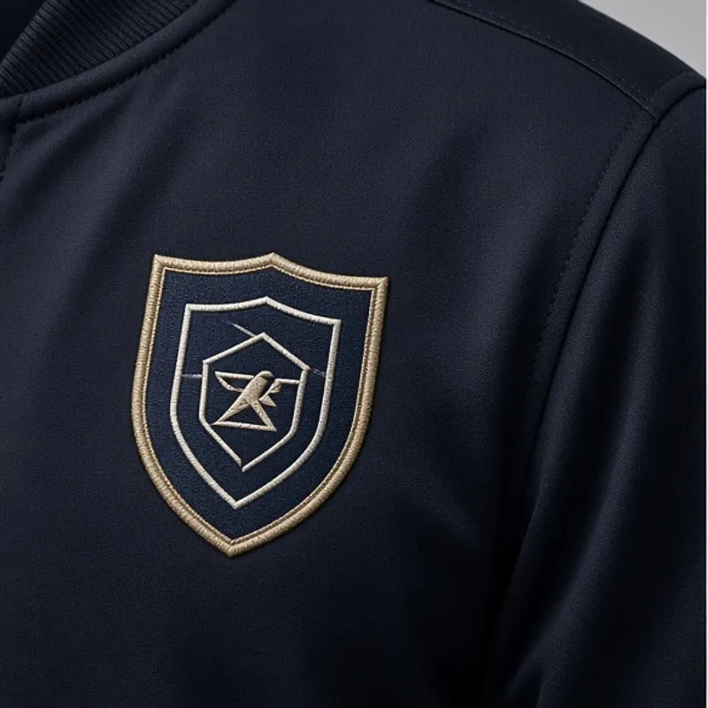Crest embroidered in gold and navy on the chest of a dark jacket, photographed close