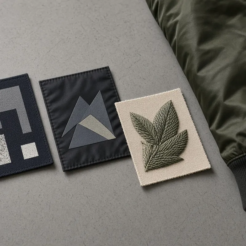 Patches laid side by side on a grey surface, a printed graphic, a geometric appliqué and an embroidered leaf