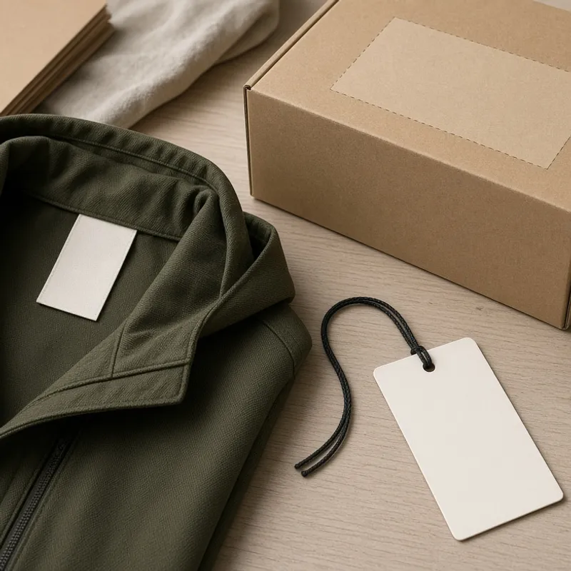 Blank woven label, hang tag and carton sticker laid out on a green jacket and a kraft box
