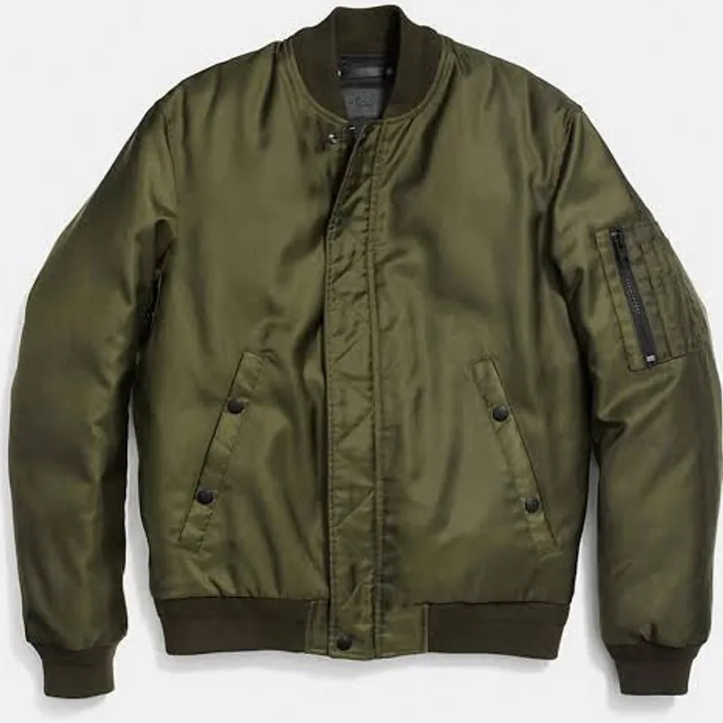 Olive coach’s bomber with a snap placket and a zip pocket on the sleeve