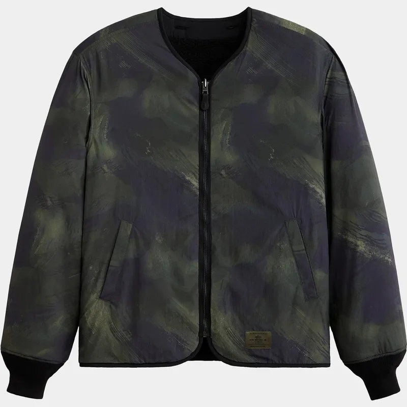 Printed bomber in a dark olive brushstroke pattern, with ribbed cuffs and a curved hem