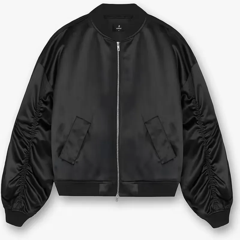 Shown flat, a black satin bomber with gathered sleeves and a short stand collar