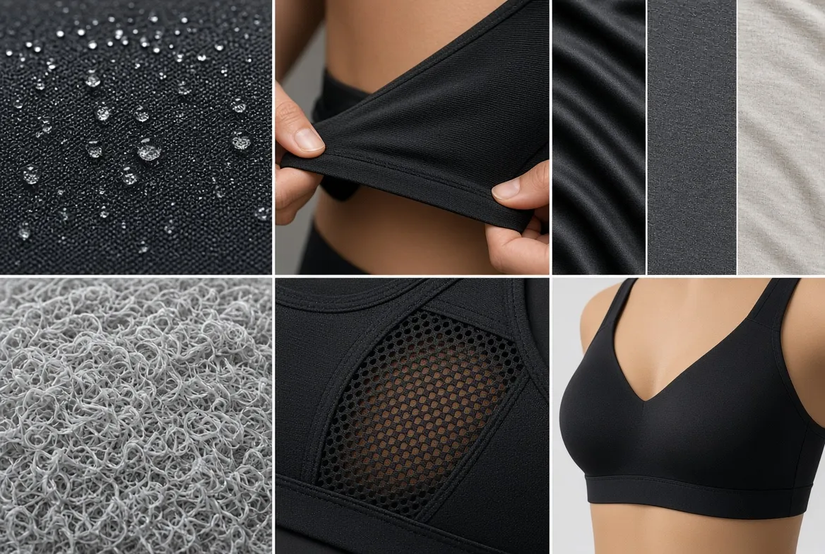 Water beading on a black knit, a hem stretched between two hands, three fabric swatches and a mesh-panelled bra