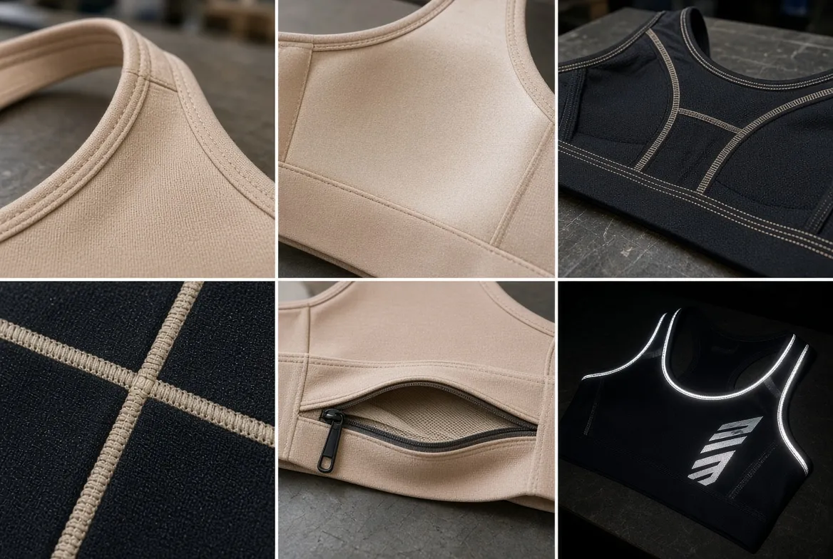 Close-range plates of a bound neckline, contrast stitching, a zip pocket and reflective piping