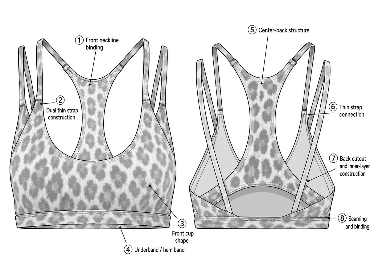 Annotated drawing of one bra in two views, eight numbered callouts across its binding, straps, cups and seaming