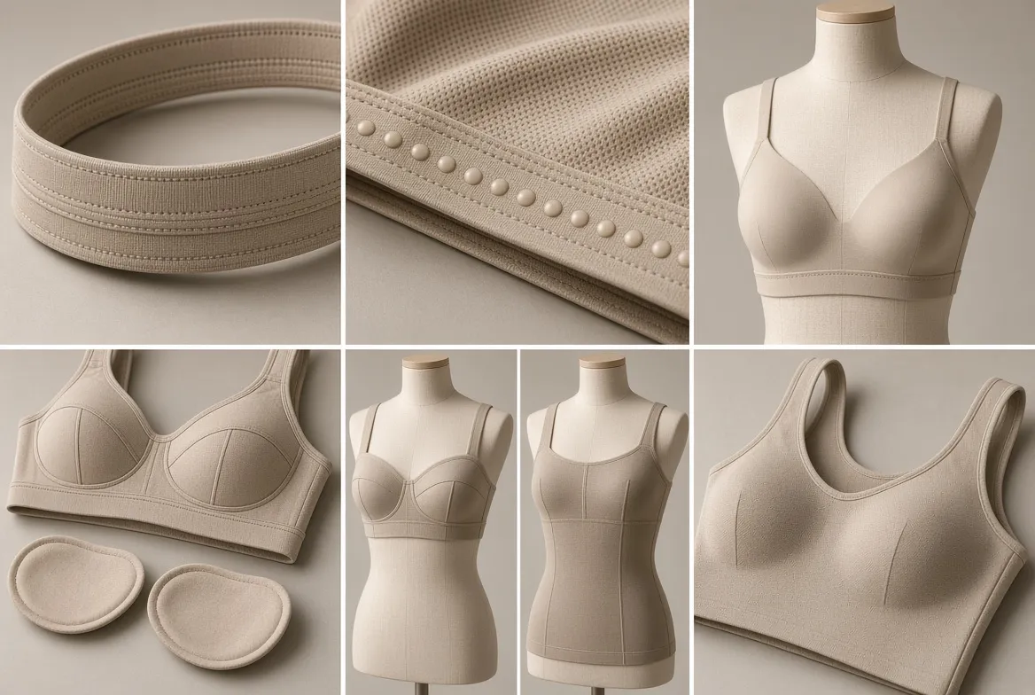 Six beige plates: a rolled elastic band, a snap-run seam, a dress form in a wire-free bra and a seamless crop