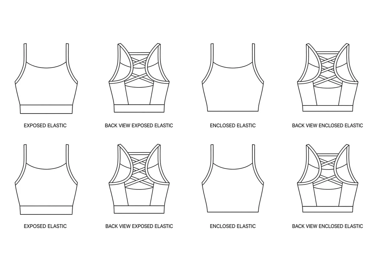 Eight line-drawn bra flats labelled exposed and enclosed elastic, shown front and back