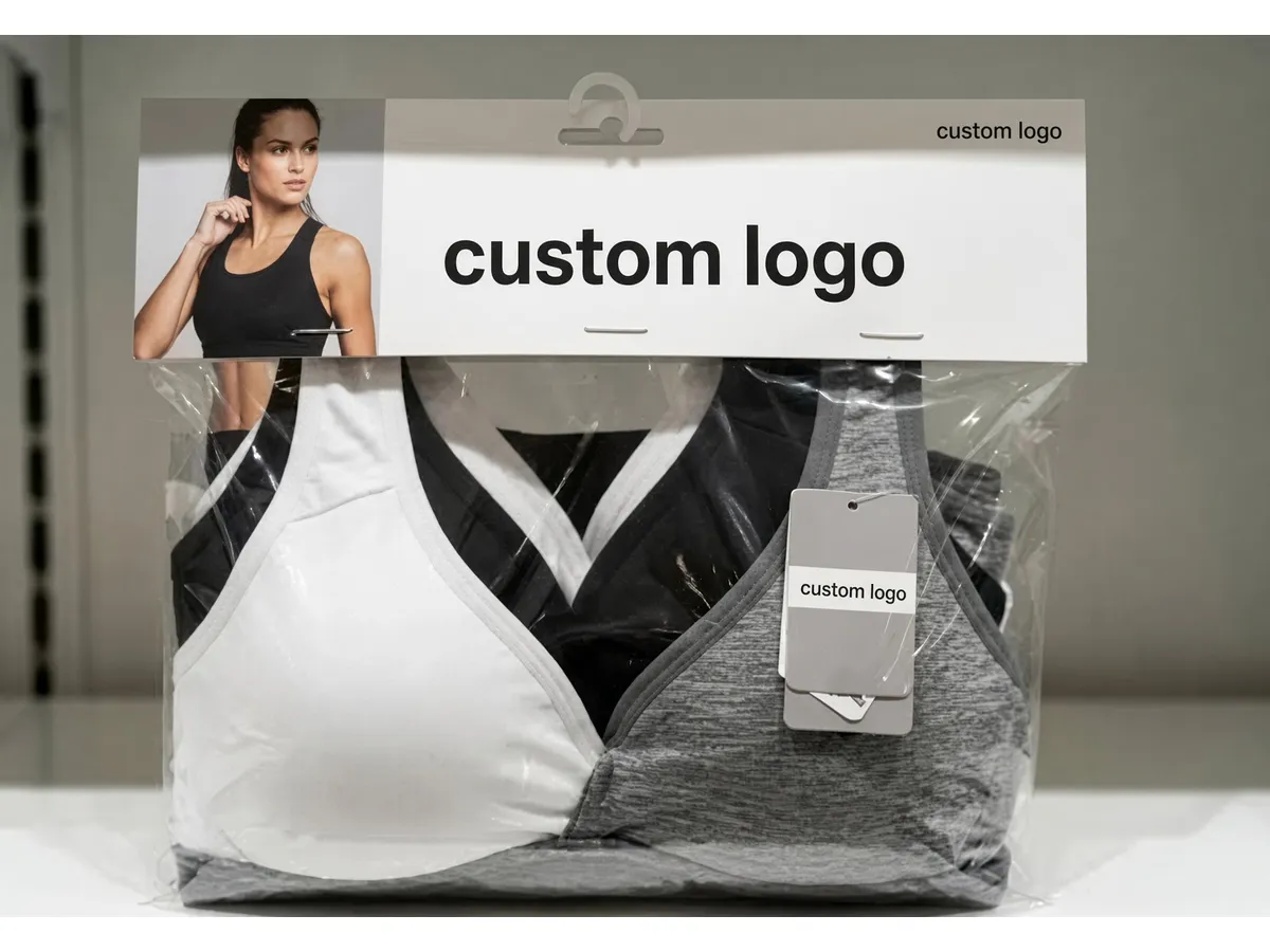 Three bras in a clear polybag with a printed header card and hang tag, both reading custom logo