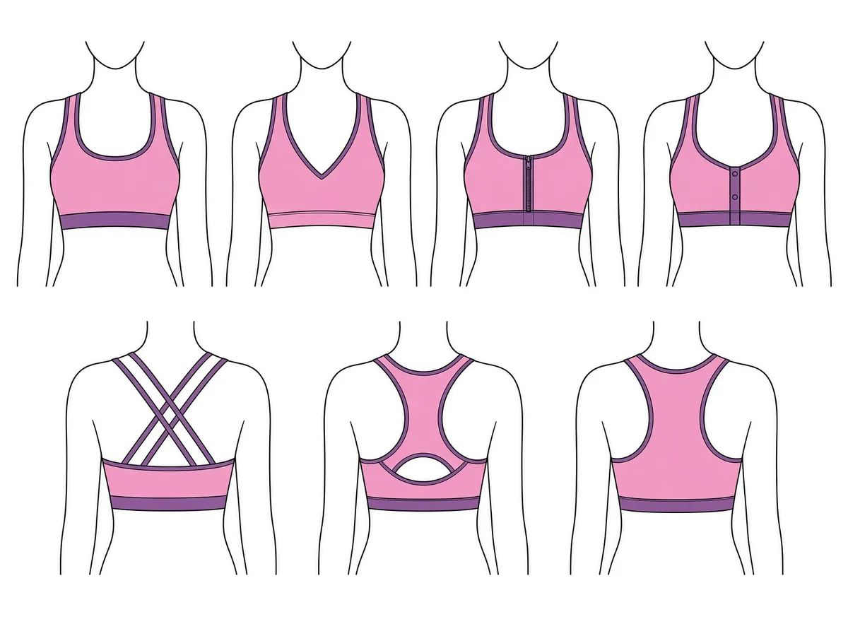 Pink bras drawn on body outlines in five views, with crossed and racerback backs