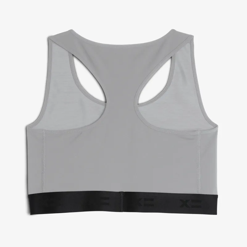 Grey racerback sports bra from the back, mesh panels either side and a wide black underband