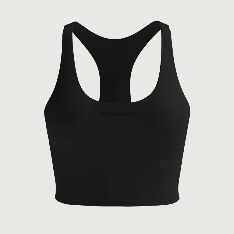 Longline black crop with a wide band sitting well below the bust
