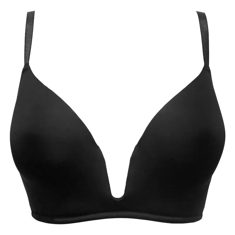 Plunge front bra in black, the neckline cut deep between two smooth cups