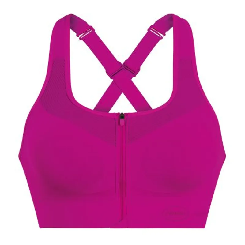 Magenta bra from the back, adjustable straps crossed above a centre back zip