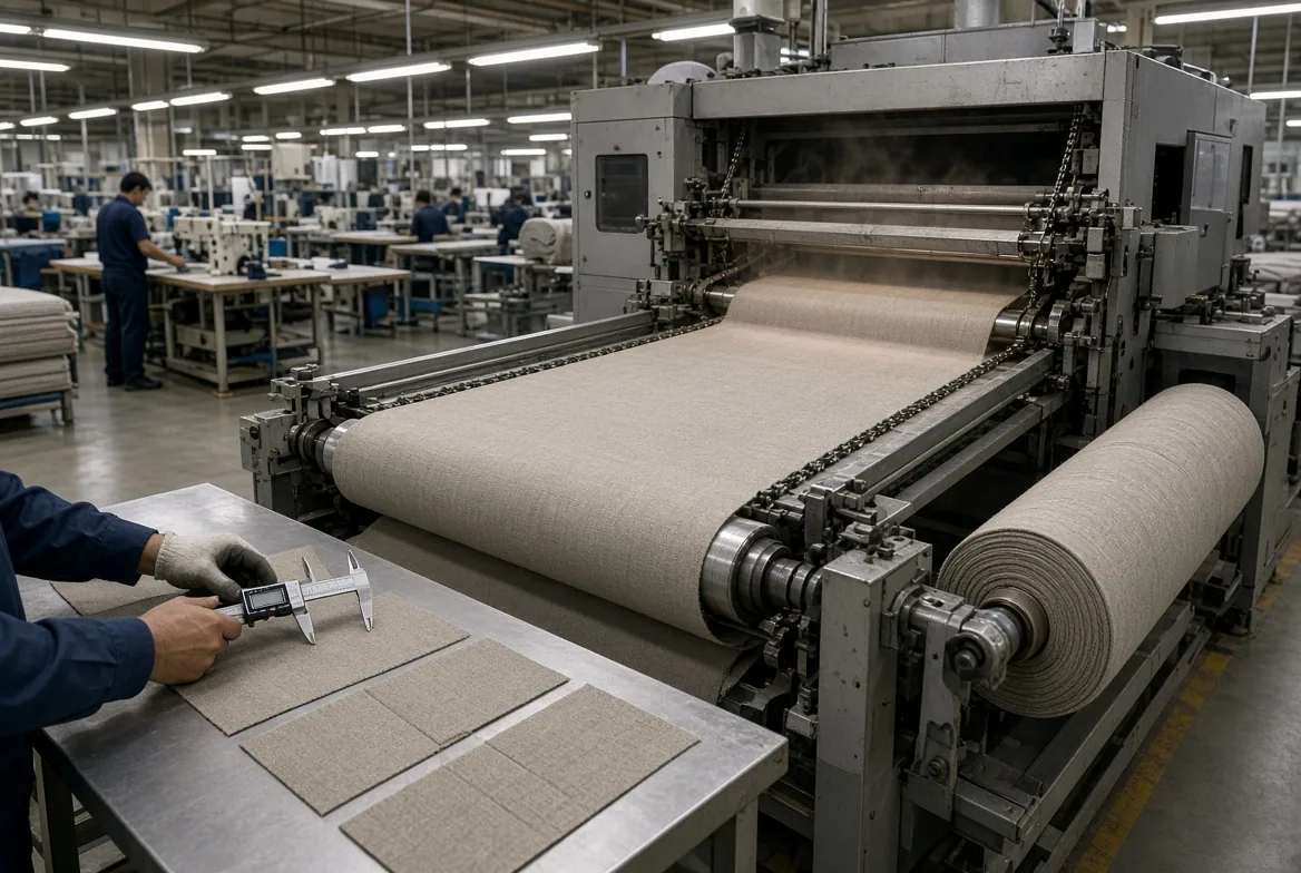 Technician checking a fabric panel beside the heat-setting line