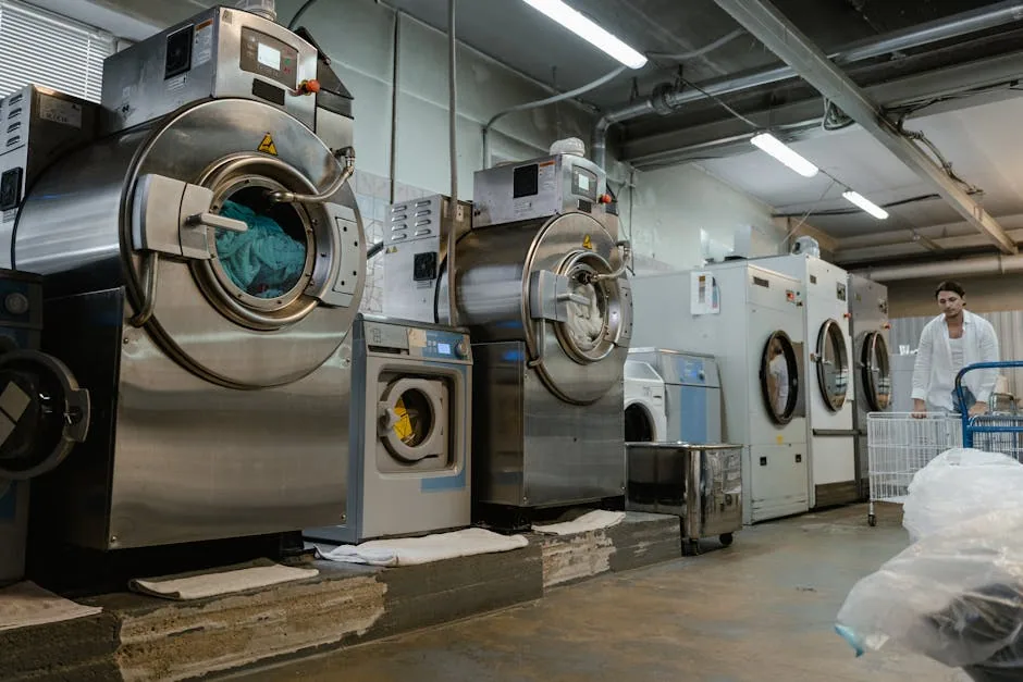 Industrial laundry machines standing in for a resort’s own wash cycle during the uniform trial