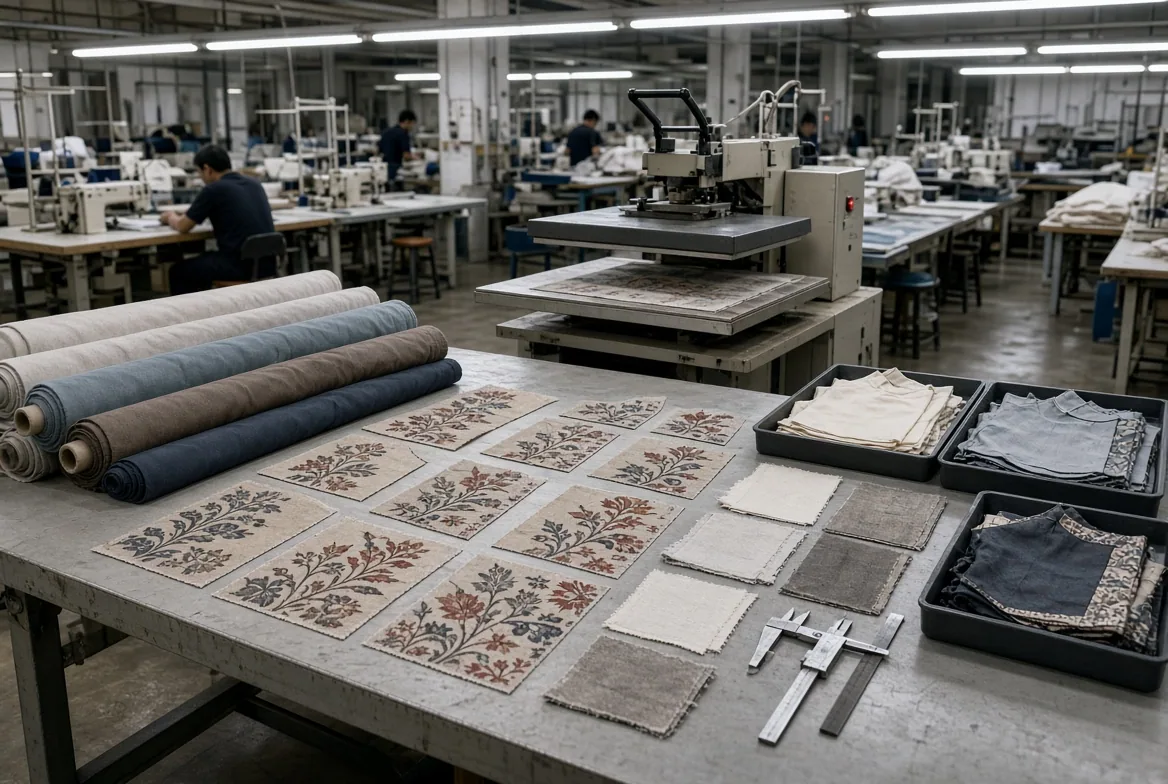 Printed tropical swatches and fabric rolls laid out beside the heat press