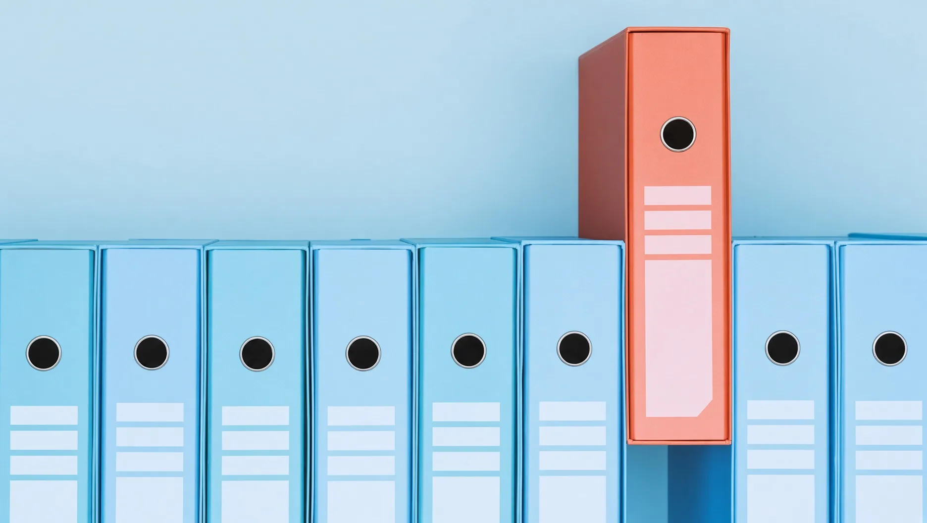 A row of blue ring binders with one red binder standing above the rest