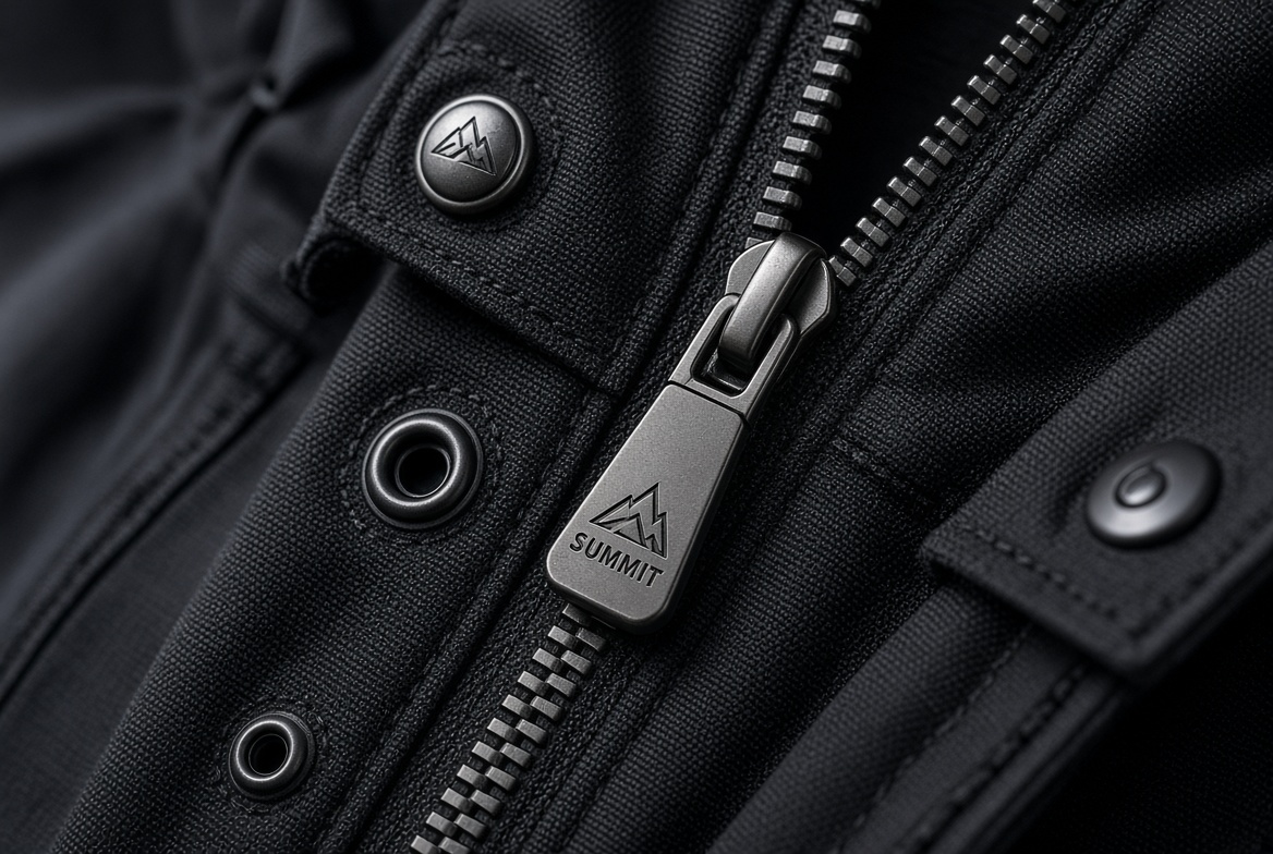 Zipper and snap hardware detailed on the jacket front