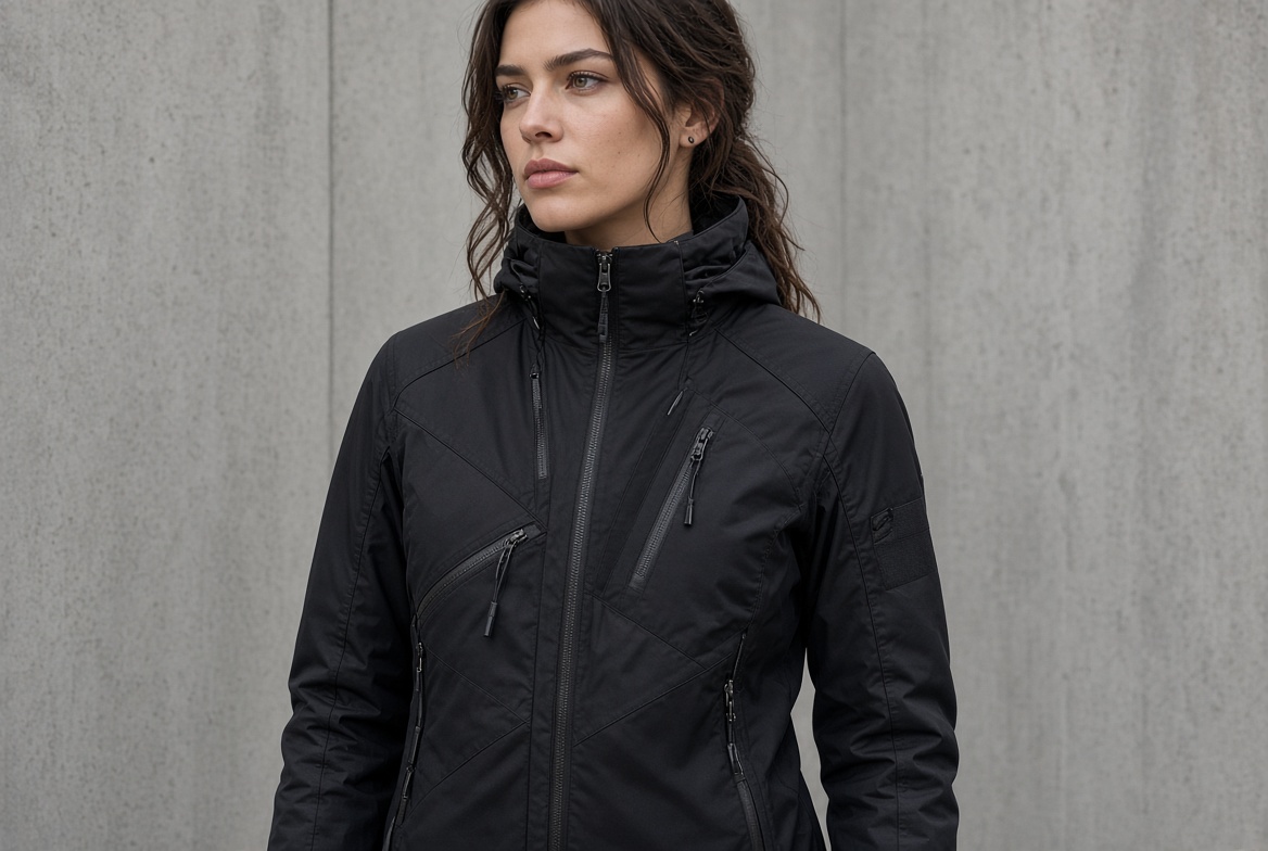 A model wearing the finished technical jacket