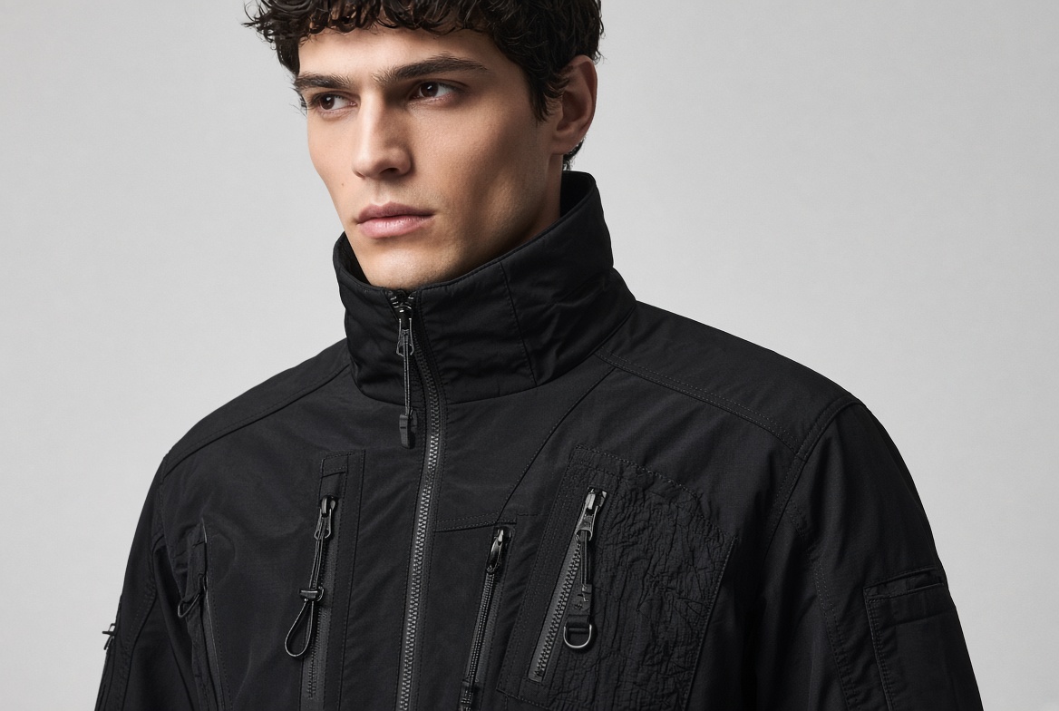 Panelled jacket worn with the seams and hardware visible