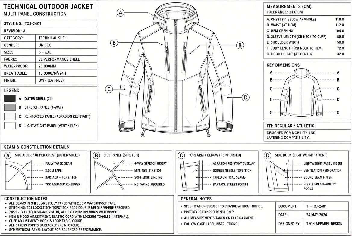 Tech pack page setting out panel geometry and measurements