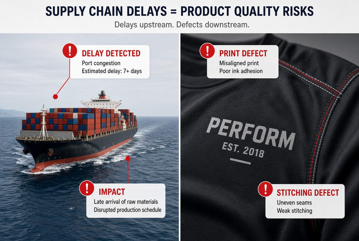 Container ship delayed at sea with the impact marked