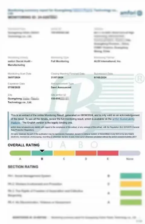 amfori BSCI social compliance report for the manufacturing site