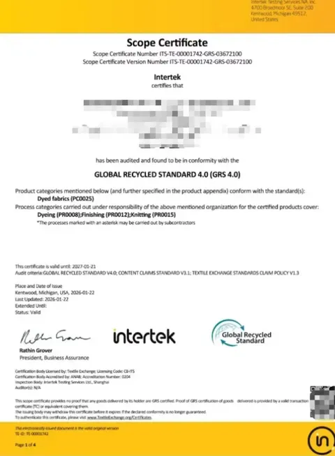 Global Recycled Standard scope certificate, issued by Intertek for dyed fabrics