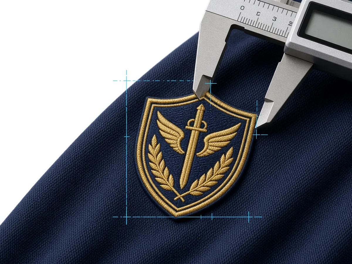 A gold embroidered crest held under a caliper on navy cloth