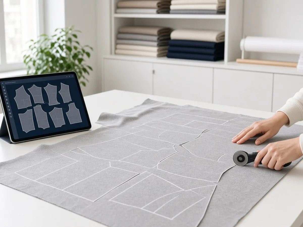 Pattern pieces traced on grey fabric beside a tablet of cutting markers