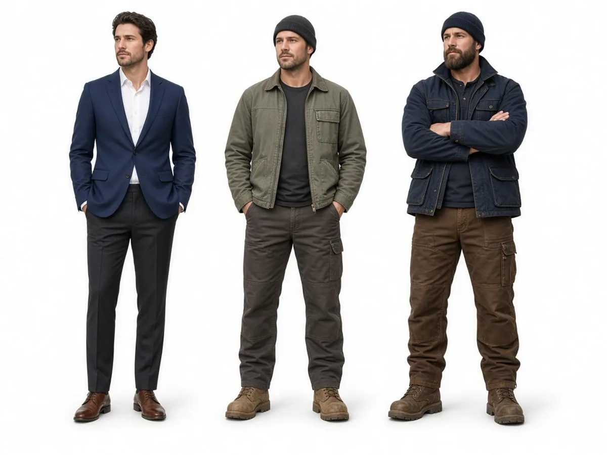 Three staff in office, floor and warehouse uniforms standing side by side