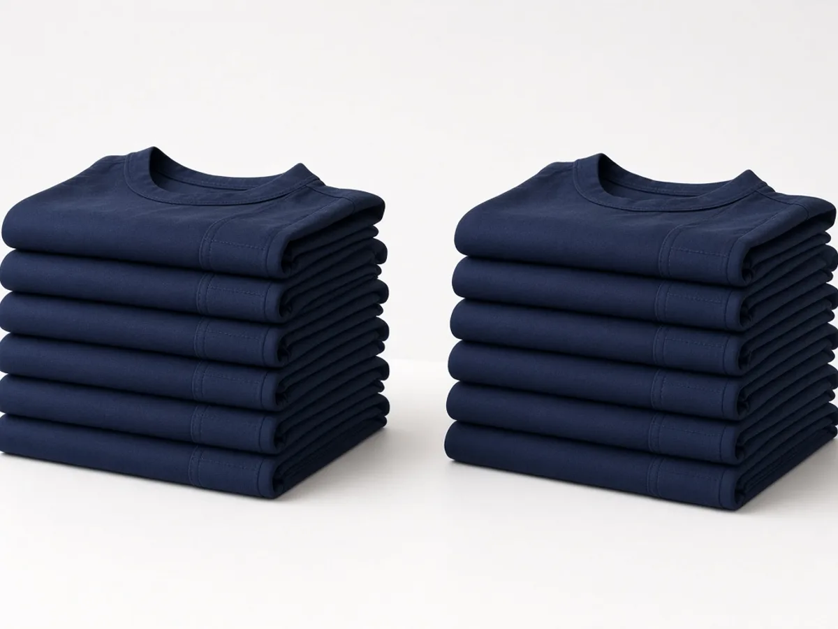 Two stacked piles of navy workwear tees side by side on a bench