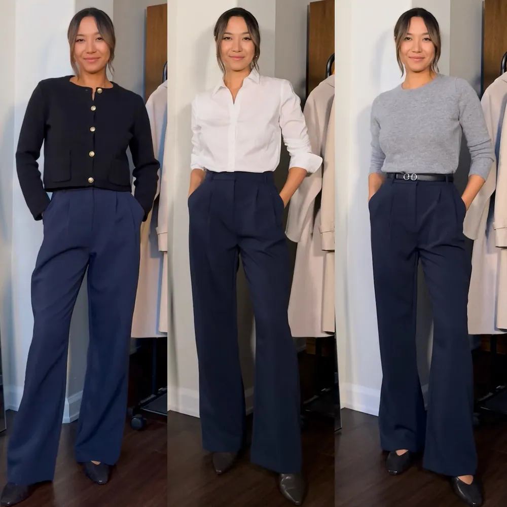 A client modelling three knit and suit looks in a fitting room