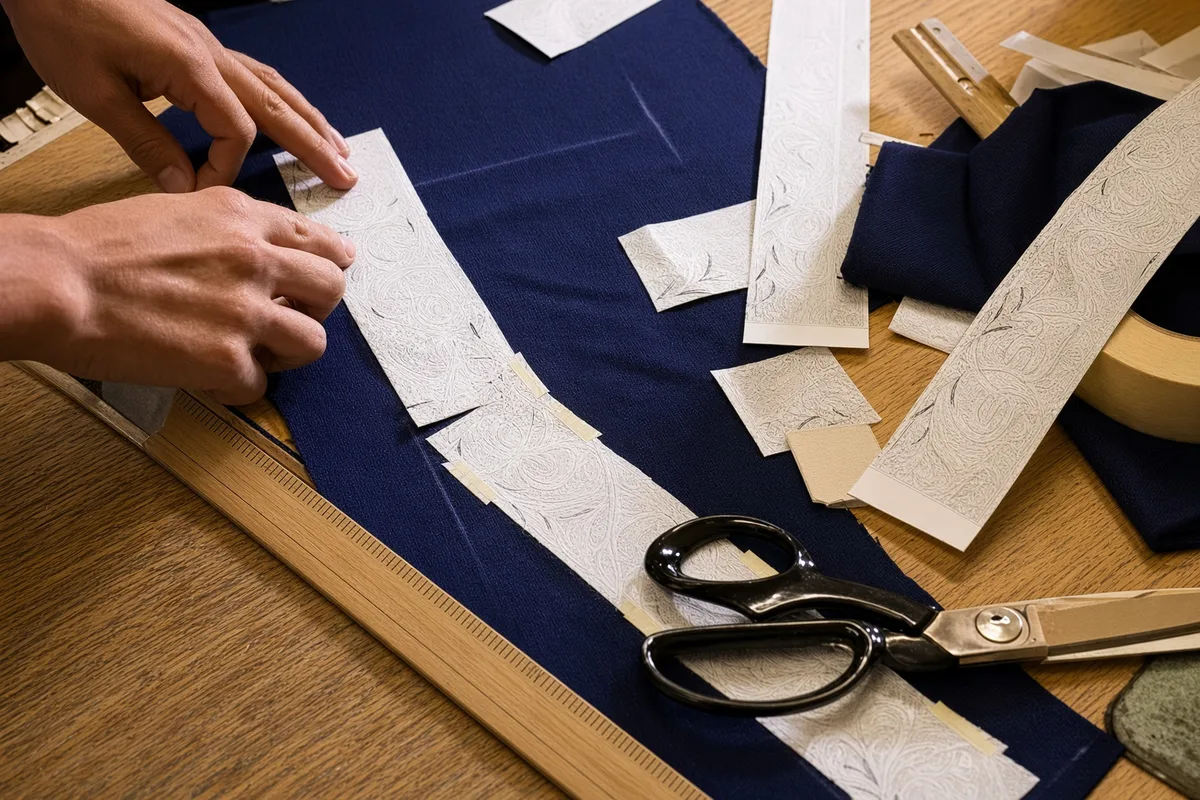 Hands pinning printed tissue pieces to navy cloth by a bamboo rule and tailor’s shears