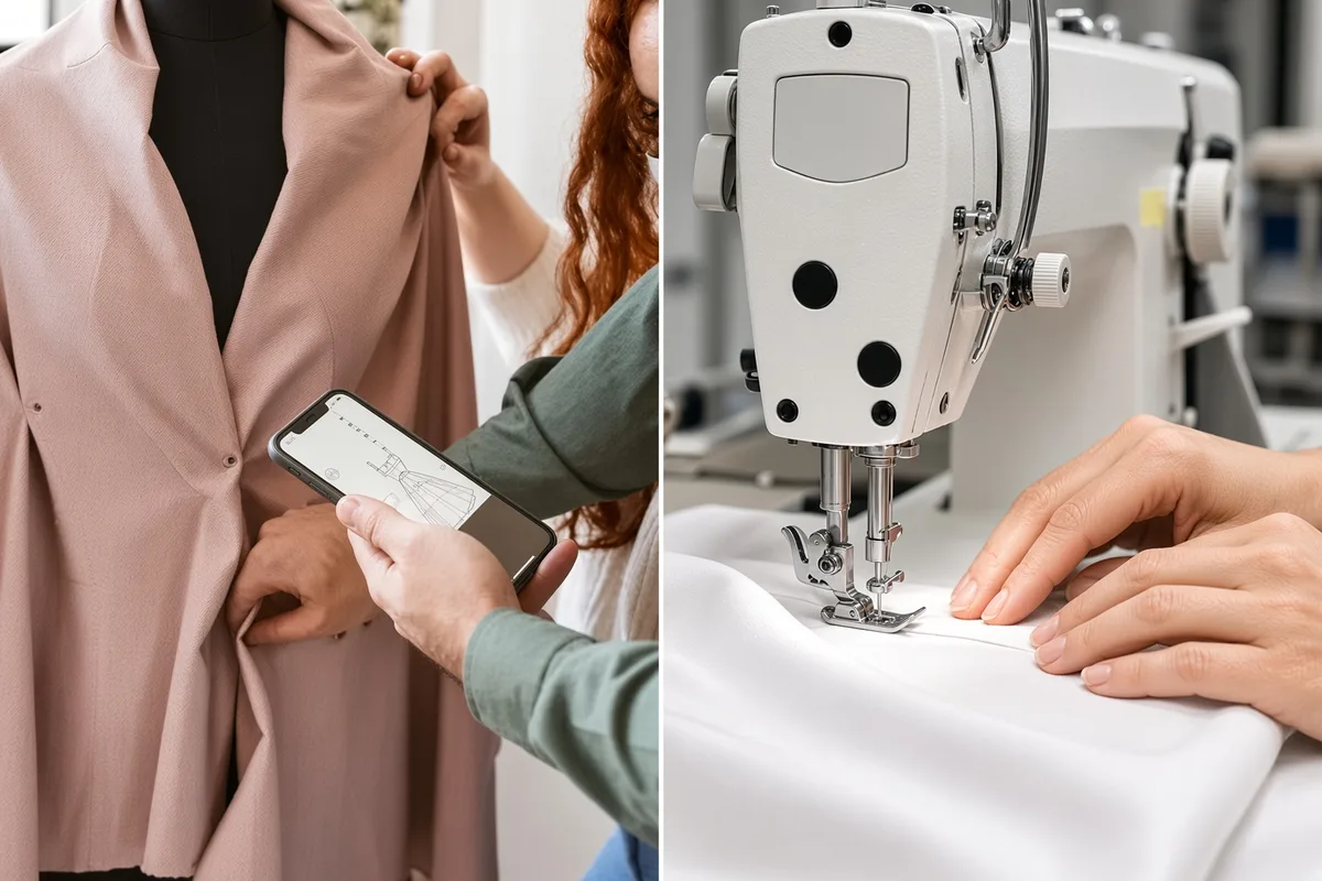 Fitting a blush coat on a model, with a machine stitching white cloth alongside