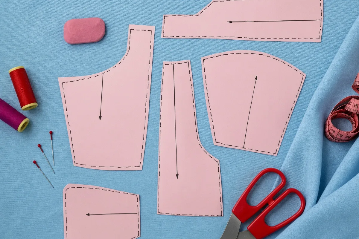 Pink pattern pieces chalked with grain lines on blue cloth, beside shears, thread and pins