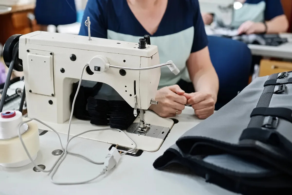 Folded black garments stacked beside a single-needle machine, with the next bench stitching behind